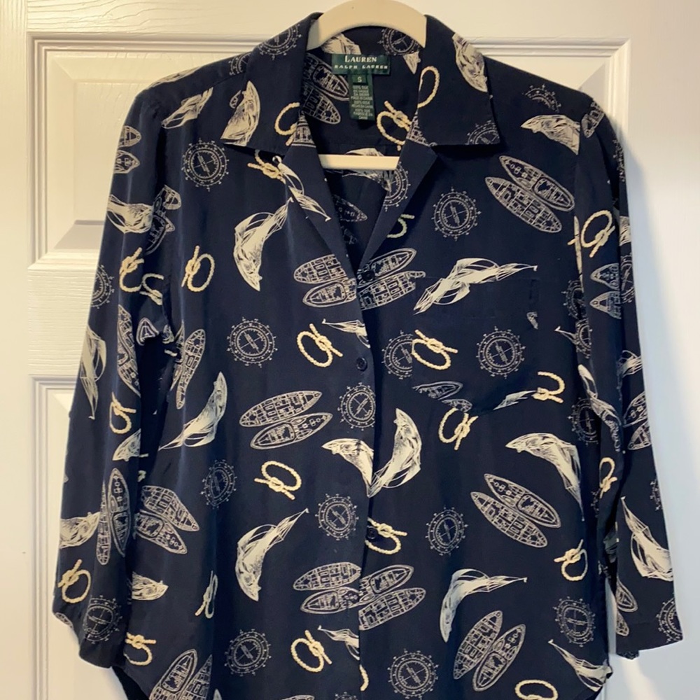 Lauren Ralph Lauren 100% silk Navy Boats knots compass Long sleeve button down